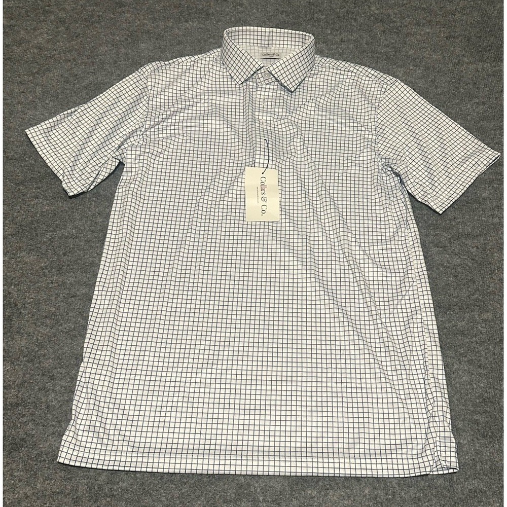 Collars & Co Men's Large White Graph Checkered Plaid Polo Shirt Stretch NWT